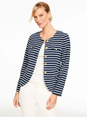 NWT $179 Talbots Striped Ottoman Knit Jacket Blue/White Gold Buttons Nautical